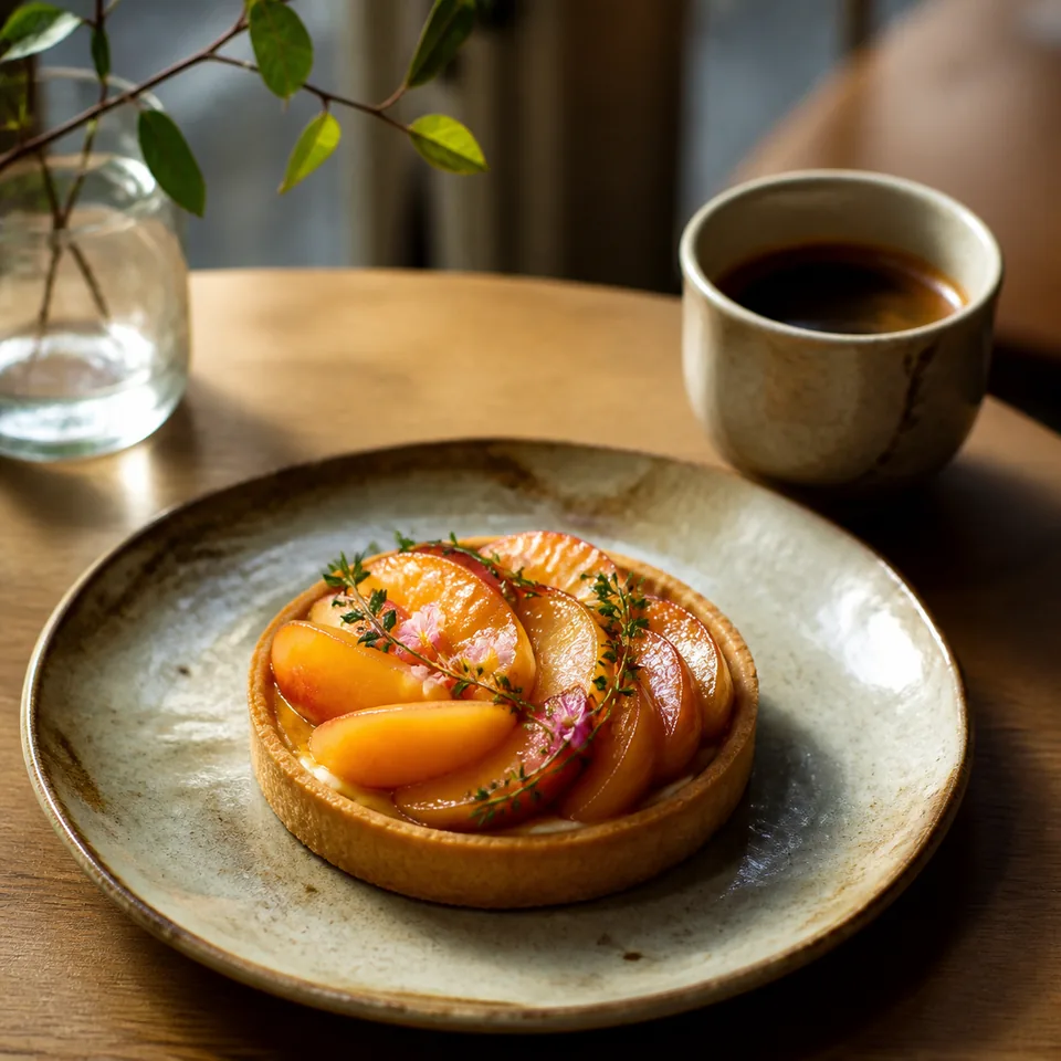 焼いた果物を並べたタルトと、奥に添えられたコーヒー